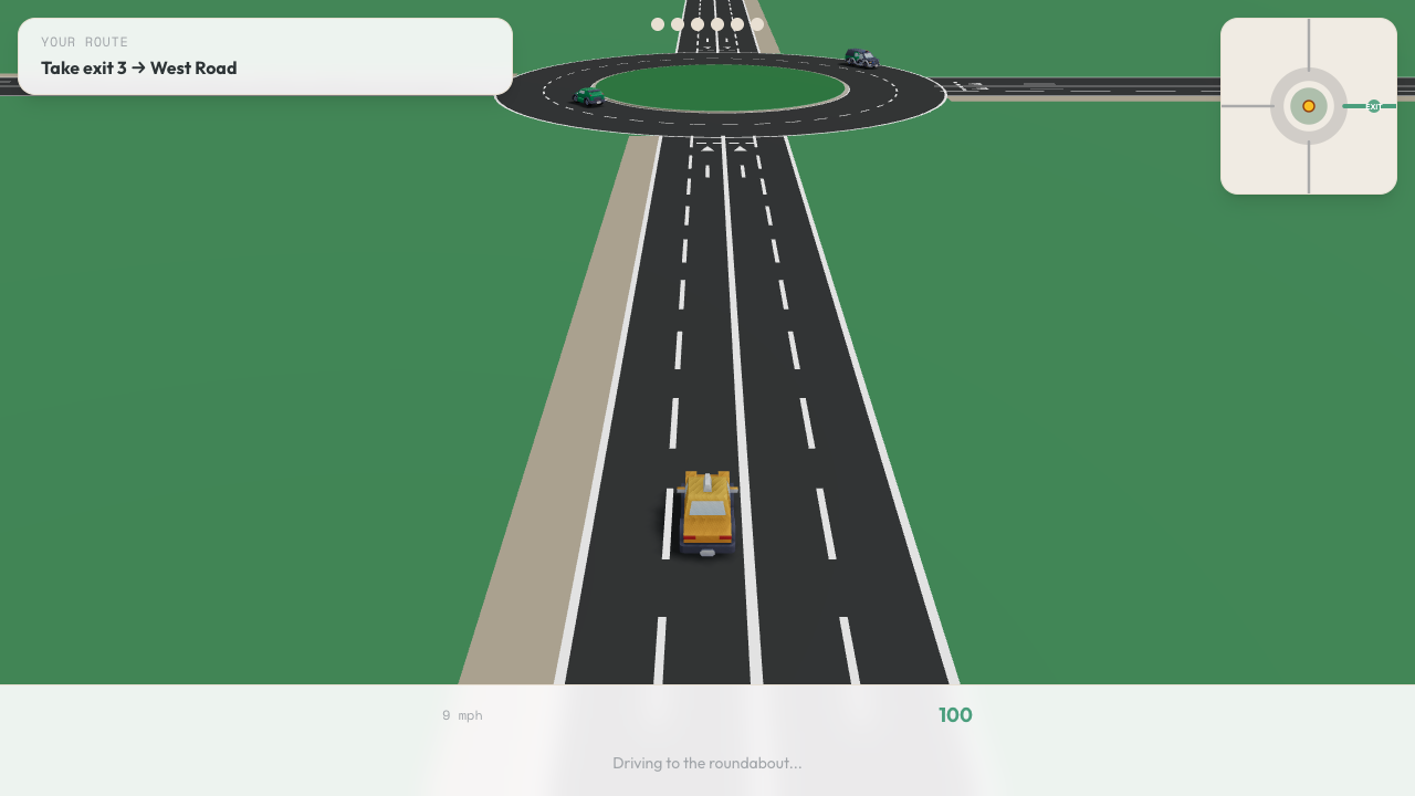 Roundabout simulator — approaching with NPC traffic and decision buttons