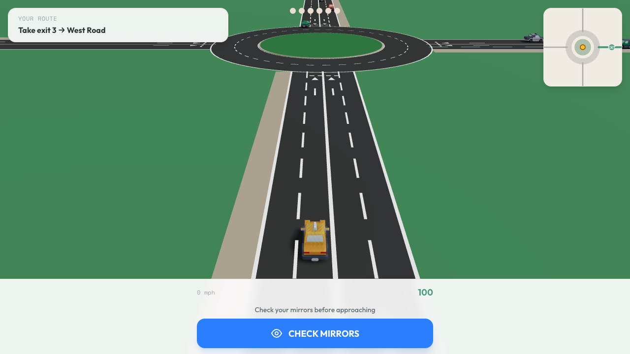 Roundabout simulator — circulating on the roundabout with Kenney car models