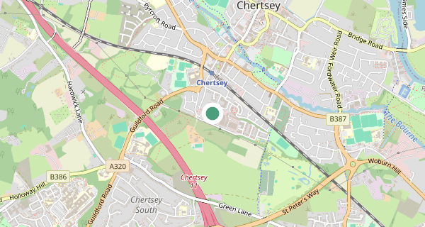 Map of the area around Chertsey (London) driving test centre, KT16 9JX