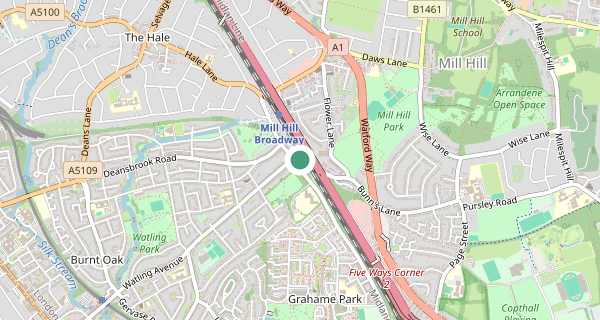 Map of the area around Mill Hill (London) driving test centre, NW7 2DQ