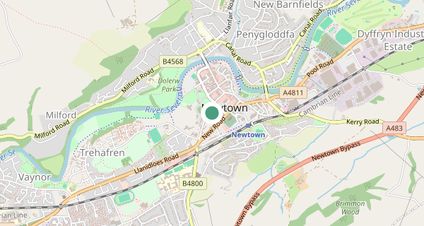 Map of the area around Newtown driving test centre, SY16 1JB